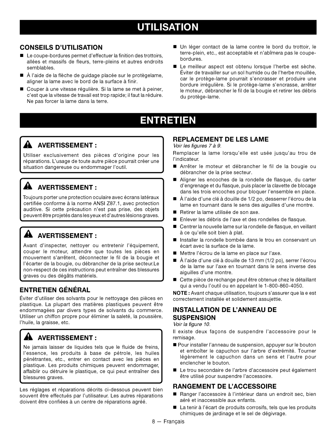 Ryobi RY15518 Conseils D’Utilisation, Entretien Général, Replacement De Les Lame, Rangement De L’Accessoire 